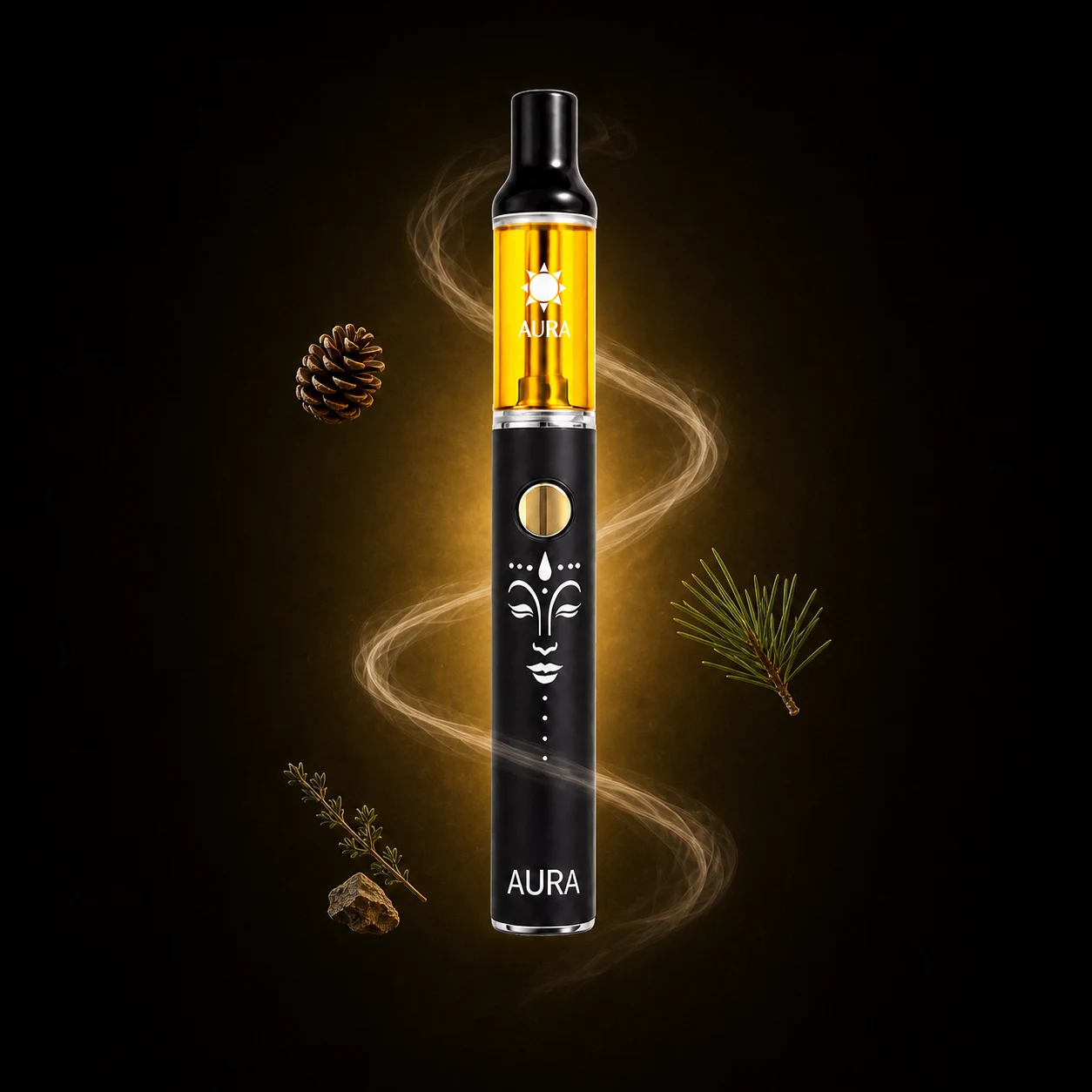 Laughing Buddha Aura vape with Earthy • Gas • Pine flavor notes